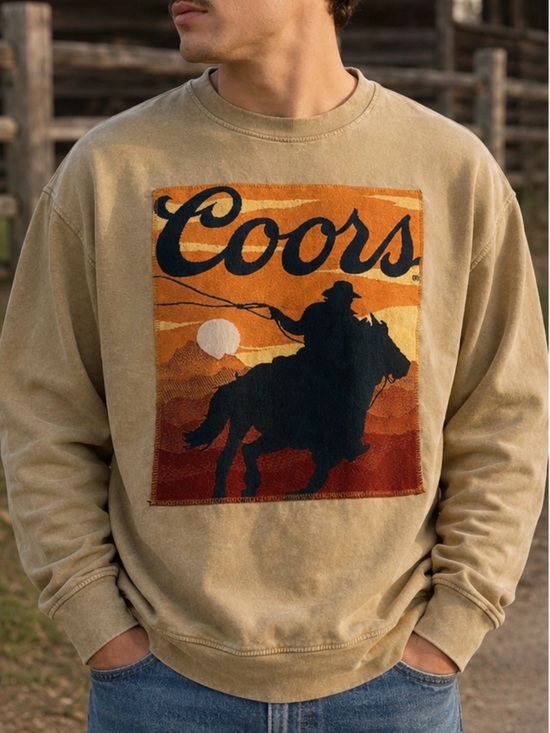 Coors Banquet Other - Coors‎ Banquet Beer Cowboy Graphic Sweatshirt Mens Medium Tan Sun Wash Crewneck